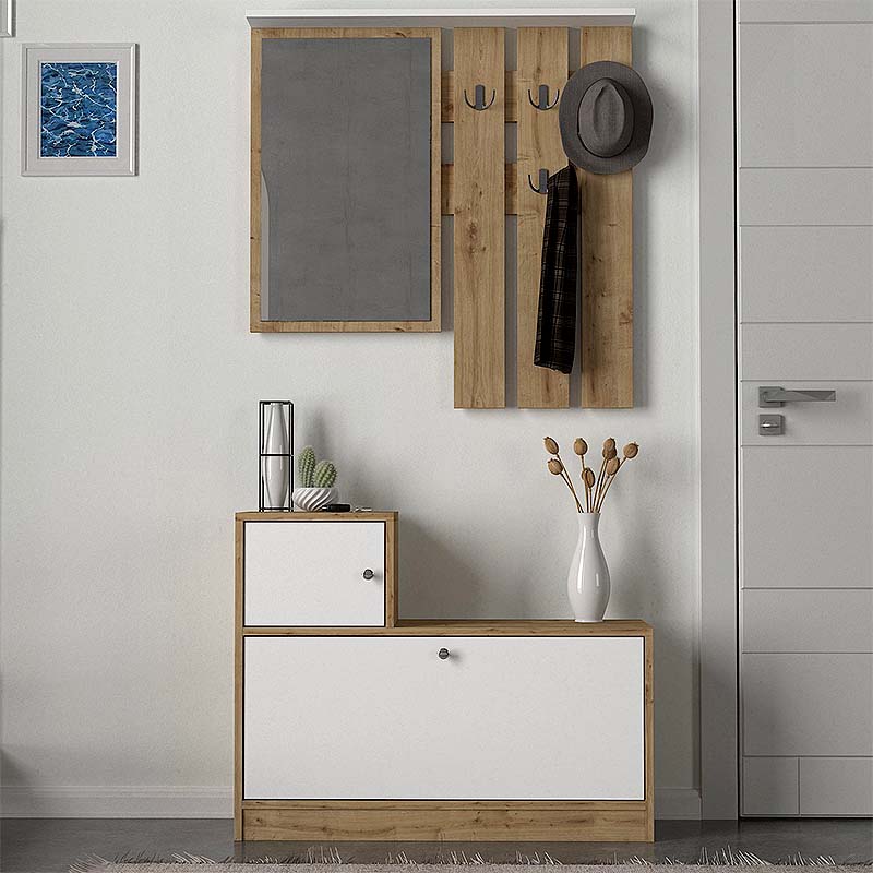 GERALD Oak Entryway Furniture in sapphire oak and white, featuring a shoe box, mirror, and metal hooks for hanging clothes.