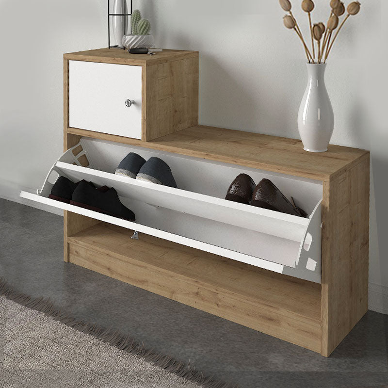 GERALD Oak Entryway Furniture in sapphire oak and white, featuring a shoe box, mirror, and metal hooks for hanging clothes.