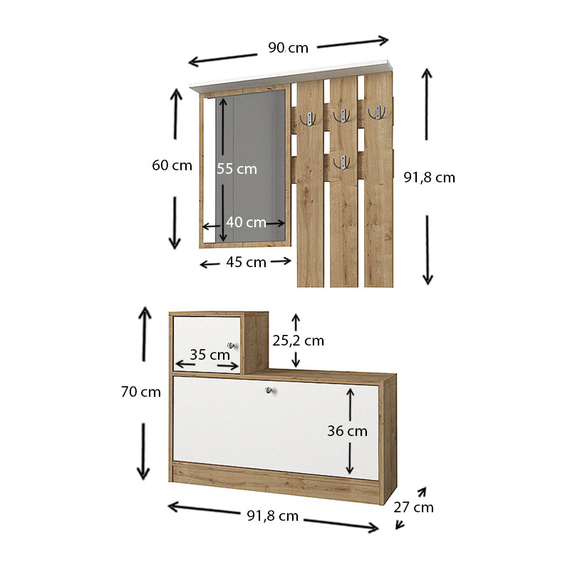 GERALD Oak Entryway Furniture in sapphire oak and white, featuring a shoe box, mirror, and metal hooks for hanging clothes.