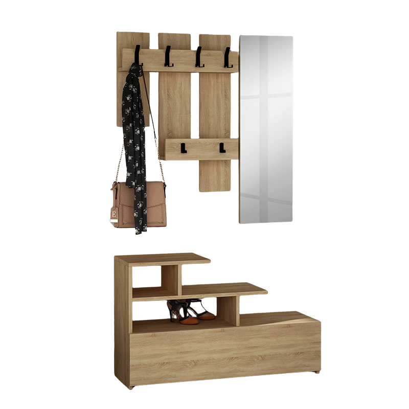 HOME Natural Beech Entryway Furniture featuring a wall hanger, mirror, and four shelves in a stylish design.