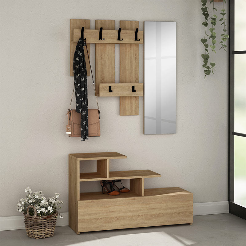 HOME Natural Beech Entryway Furniture featuring a wall hanger, mirror, and four shelves in a stylish design.