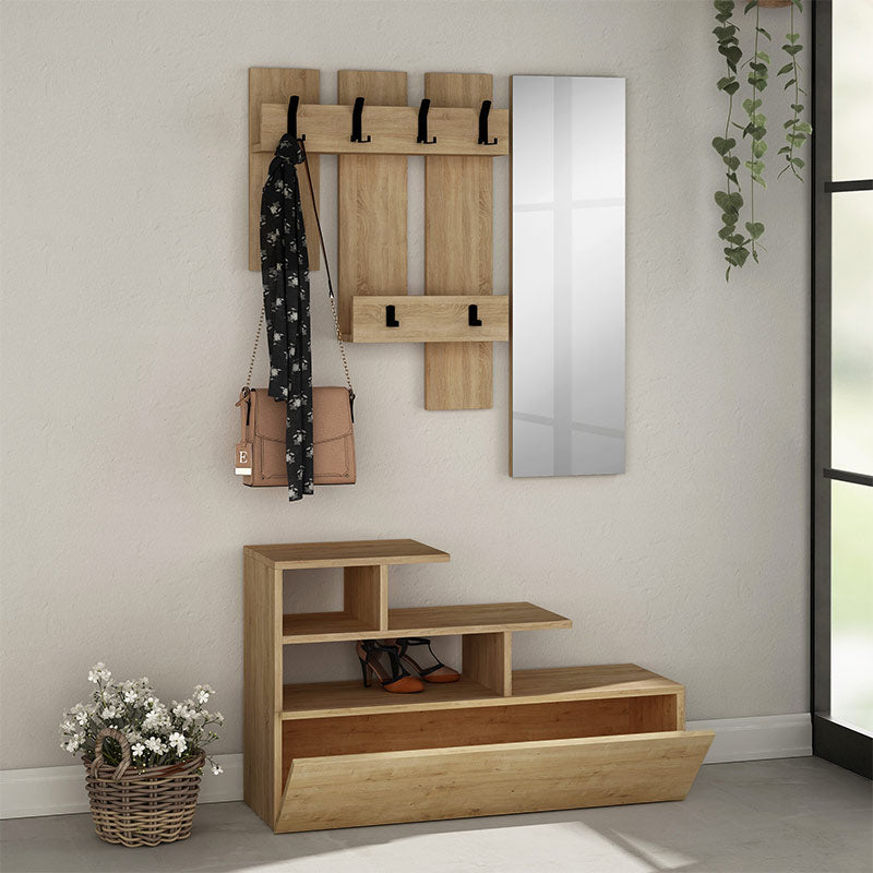 HOME Natural Beech Entryway Furniture featuring a wall hanger, mirror, and four shelves in a stylish design.