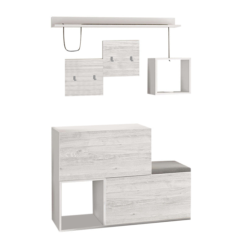 DINA Entryway Furniture Set in ancient white, featuring shoe cabinets, decorative shelves, and a black seat cushion.