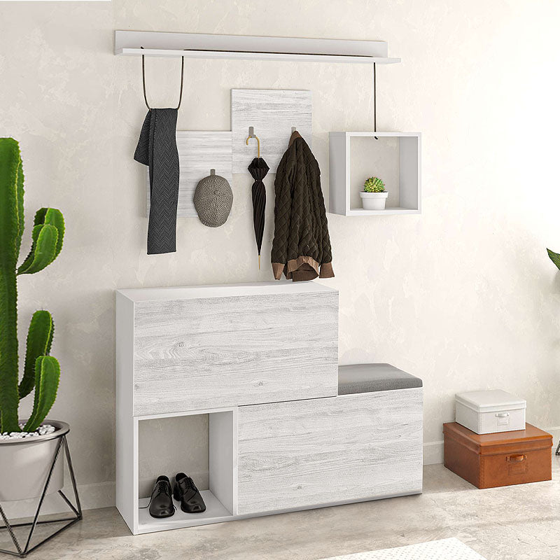 DINA Entryway Furniture Set in ancient white, featuring shoe cabinets, decorative shelves, and a black seat cushion.