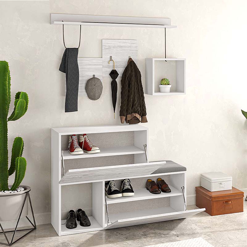 DINA Entryway Furniture Set in ancient white, featuring shoe cabinets, decorative shelves, and a black seat cushion.