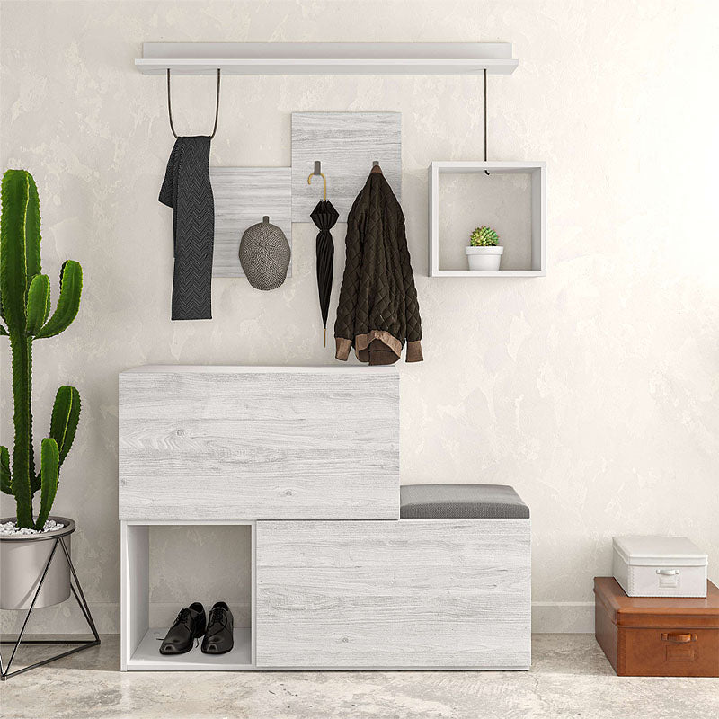 DINA Entryway Furniture Set in ancient white, featuring shoe cabinets, decorative shelves, and a black seat cushion.