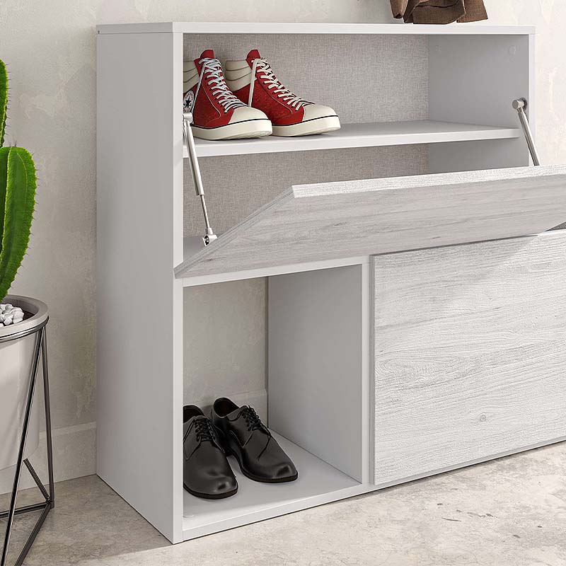 DINA Entryway Furniture Set in ancient white, featuring shoe cabinets, decorative shelves, and a black seat cushion.