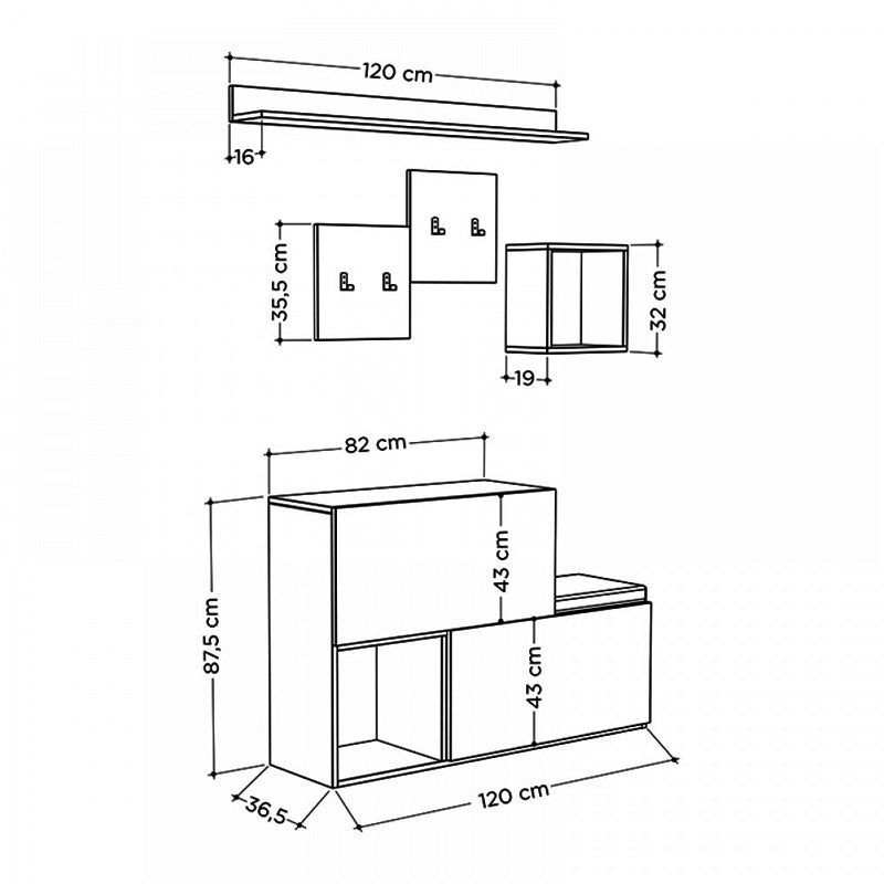 DINA Entryway Furniture Set in ancient white, featuring shoe cabinets, decorative shelves, and a black seat cushion.