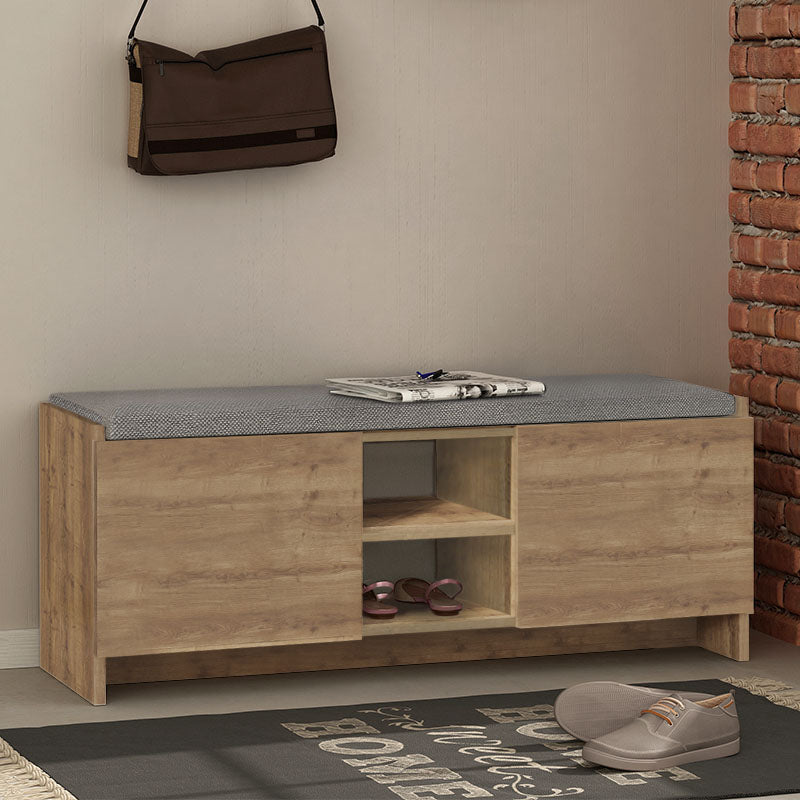 THEO Light Brown Entryway Furniture with shoe rack and seating area, made of durable melamine, featuring cupboards and shelves.