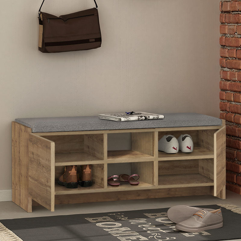 THEO Light Brown Entryway Furniture with shoe rack and seating area, made of durable melamine, featuring cupboards and shelves.