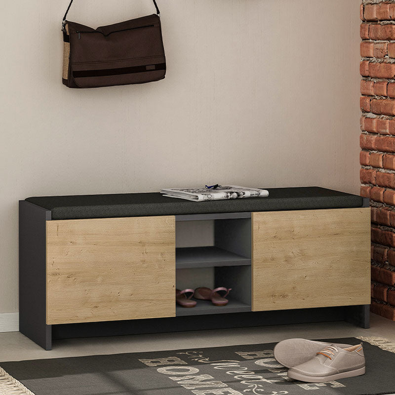 THEO Natur entryway furniture in anthracite and natural beech, featuring a shoe rack with cupboards and shelves.