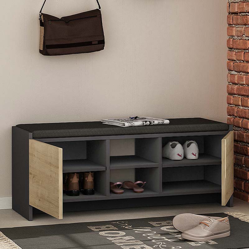 THEO Natur entryway furniture in anthracite and natural beech, featuring a shoe rack with cupboards and shelves.