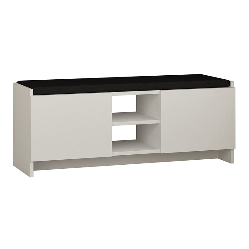 THEO White Entryway Furniture featuring a sleek design with cupboards, shelves, and a seat, made of durable melamine.