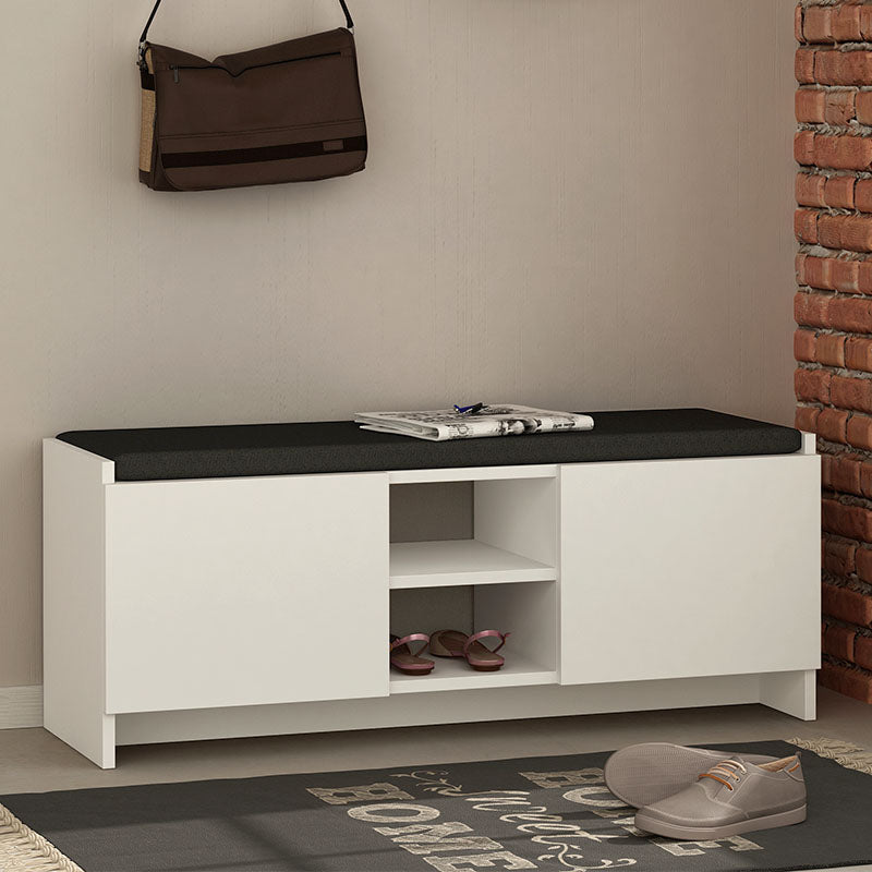 THEO White Entryway Furniture featuring a sleek design with cupboards, shelves, and a seat, made of durable melamine.