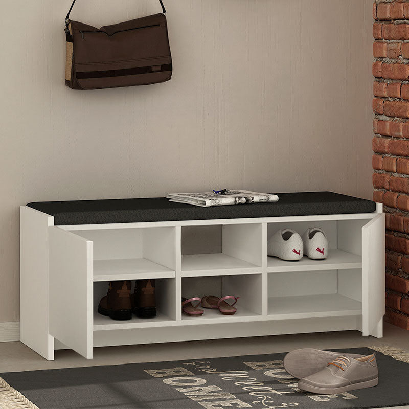 THEO White Entryway Furniture featuring a sleek design with cupboards, shelves, and a seat, made of durable melamine.