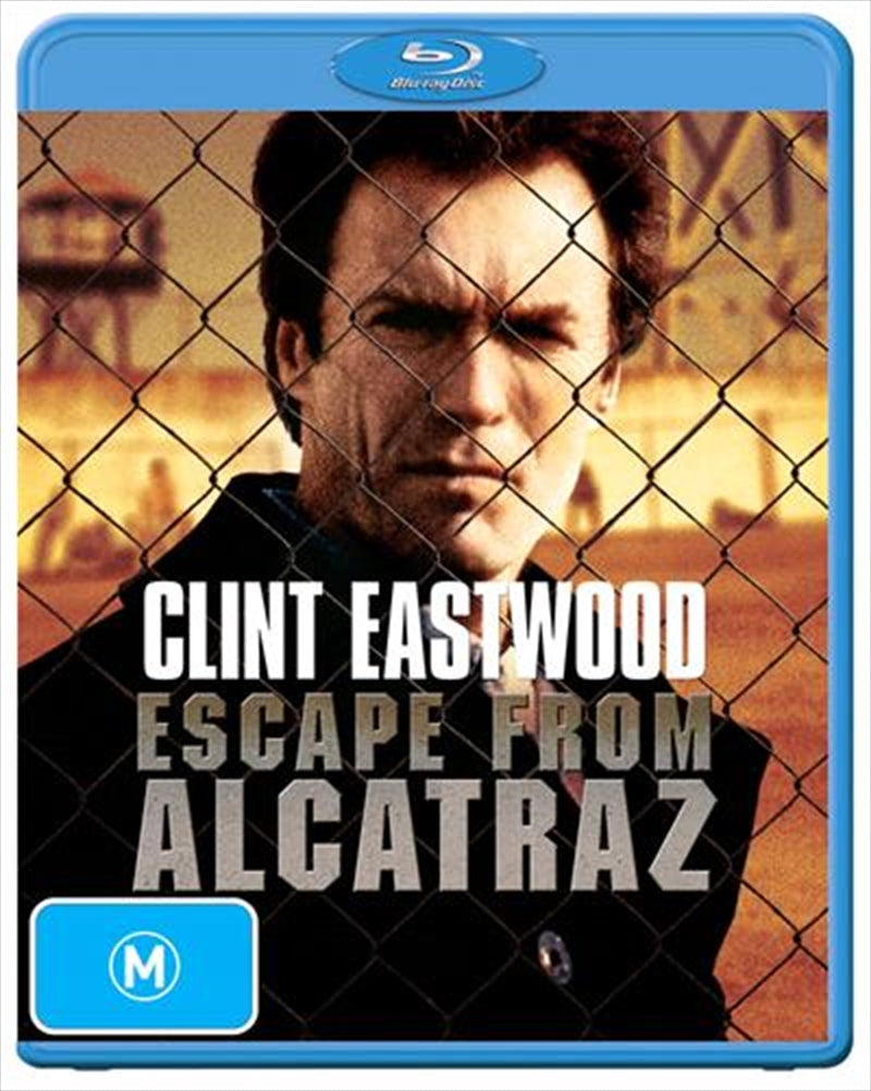 Blu-ray cover of 'Escape From Alcatraz' featuring Clint Eastwood as Frank Morris, showcasing the intense prison escape theme.