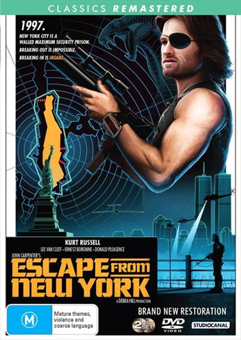 Escape From New York DVD cover featuring Kurt Russell as Snake Plissken in a dystopian setting.