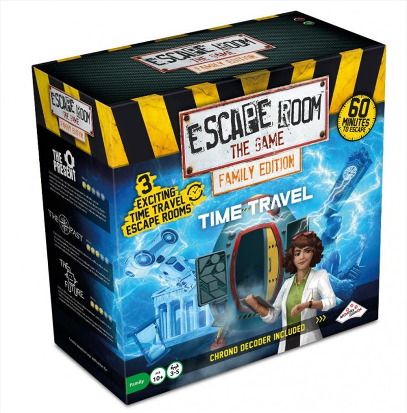 Escape Room Time Travel game box featuring electronic components and adventure themes.