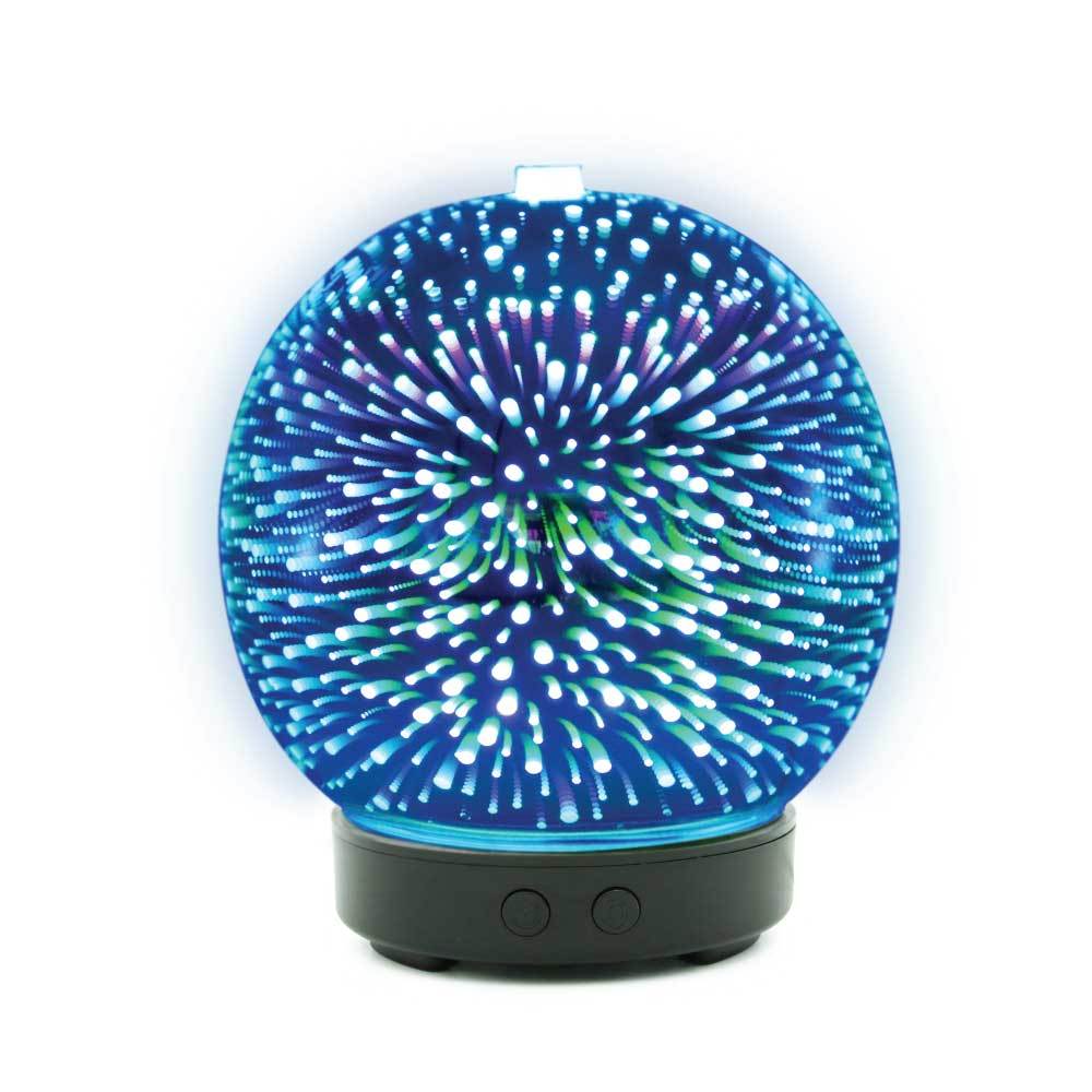 Essential Oil Aroma Diffuser with 3D fireworks effect, showcasing vibrant colors and elegant glass design, perfect for home decor and aromatherapy.