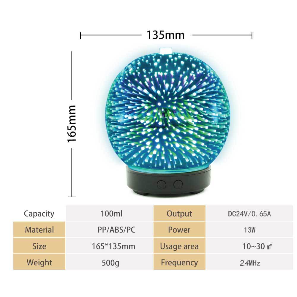 Essential Oil Aroma Diffuser with 3D fireworks effect, showcasing vibrant colors and elegant glass design, perfect for home decor and aromatherapy.