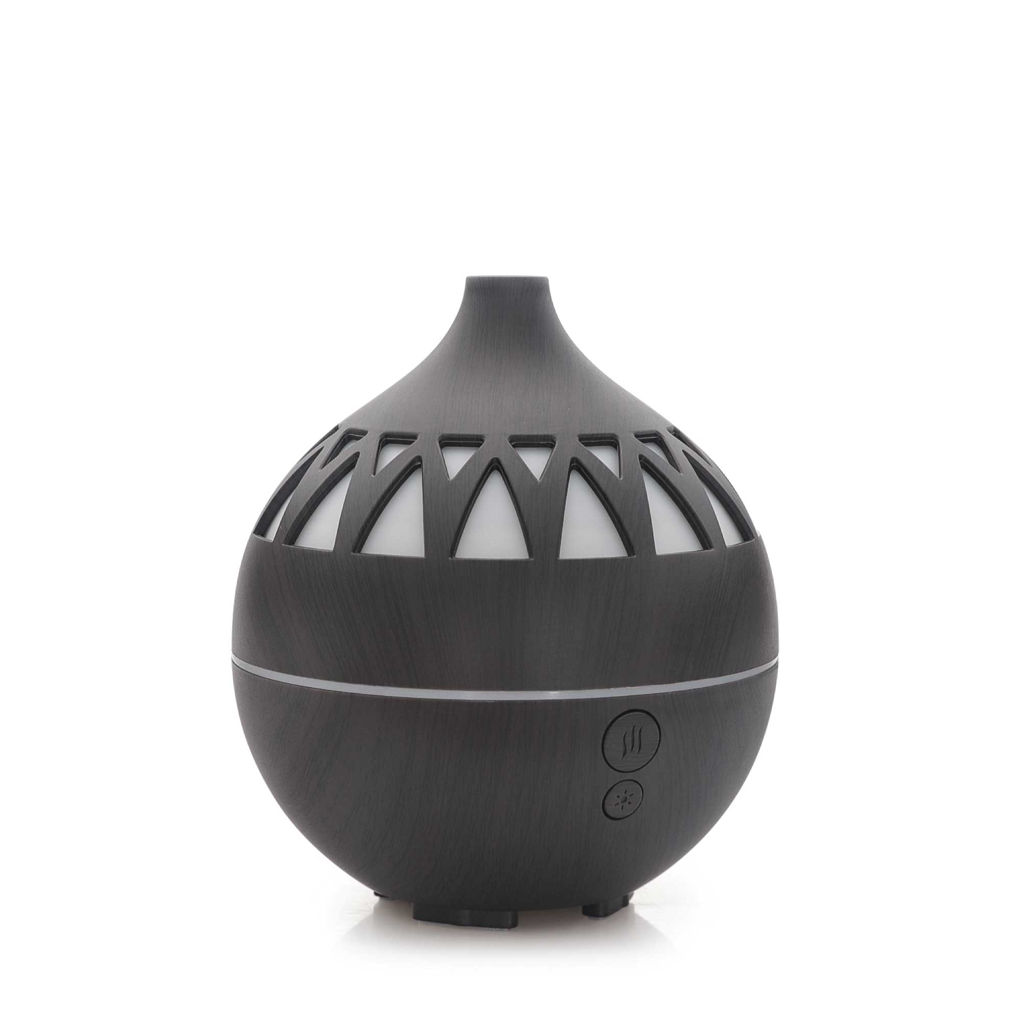 Essential Oil Aroma Diffuser in dark wood finish with LED lights, designed for aromatherapy and humidification.