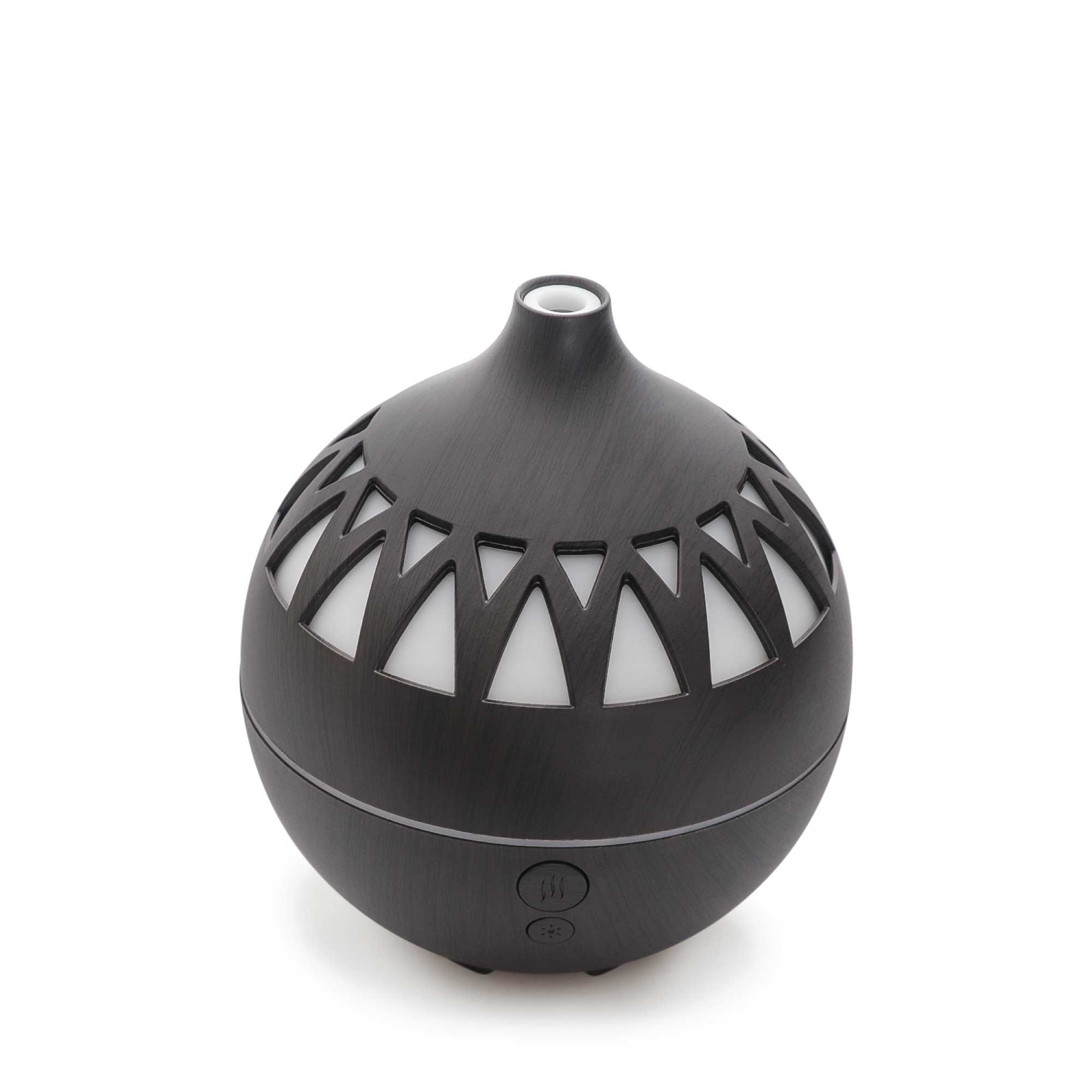 Essential Oil Aroma Diffuser in dark wood finish with LED lights, designed for aromatherapy and humidification.