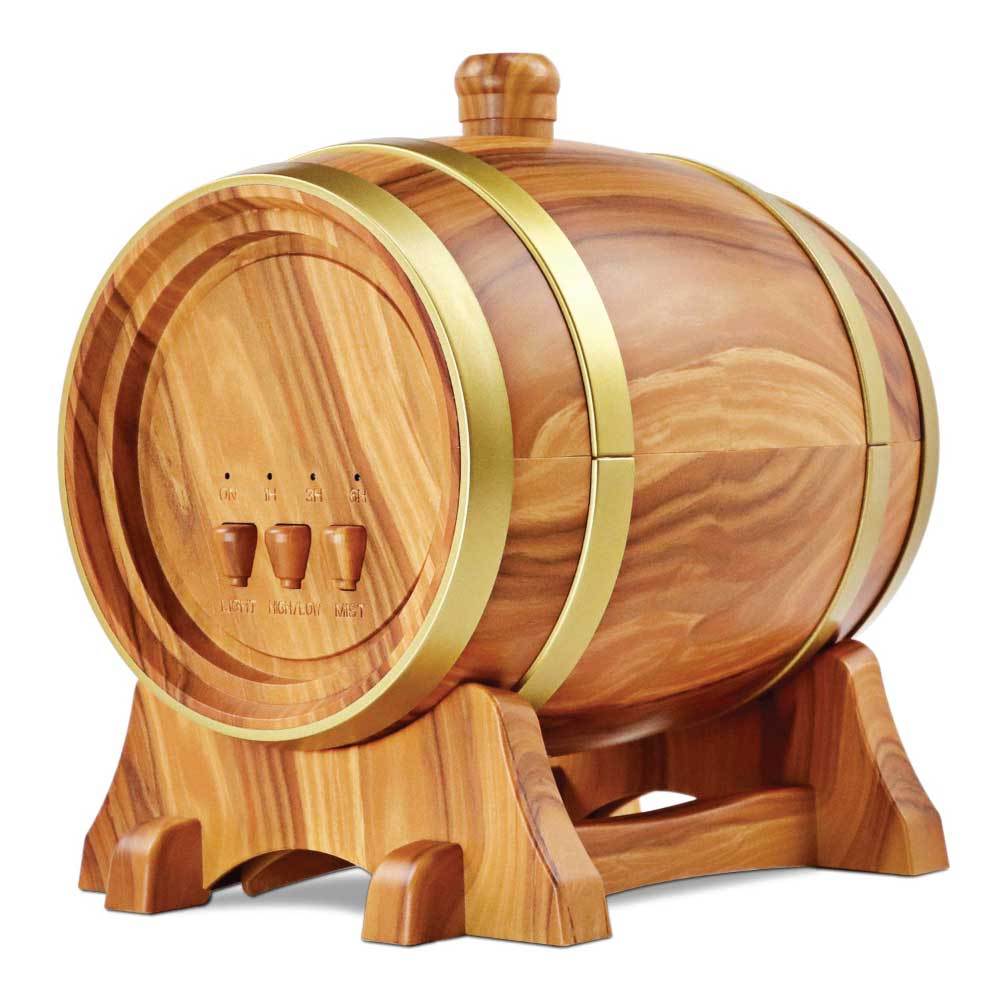 350ml Barrel Wood Ultrasonic Aroma Diffuser with LED lights and mist function, designed for aromatherapy and home decor.