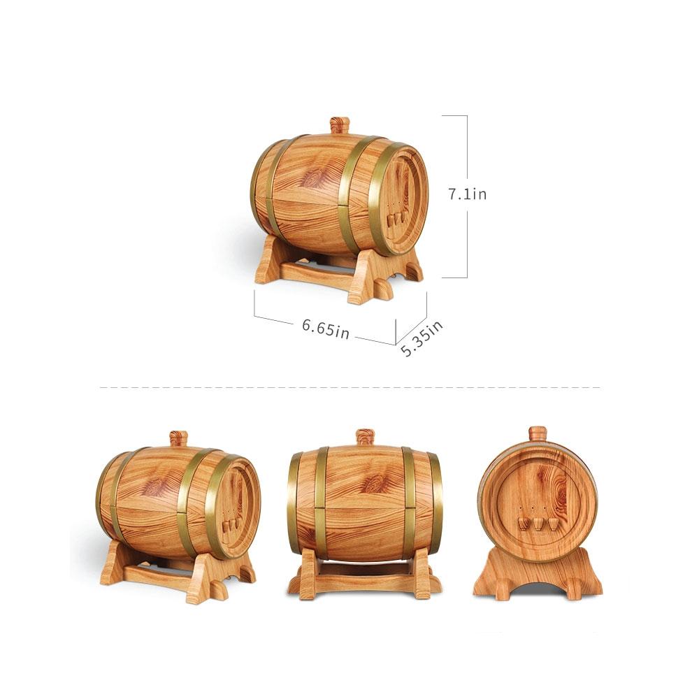 350ml Barrel Wood Ultrasonic Aroma Diffuser with LED lights and mist function, designed for aromatherapy and home decor.