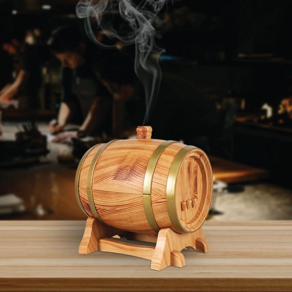 350ml Barrel Wood Ultrasonic Aroma Diffuser with LED lights and mist function, designed for aromatherapy and home decor.