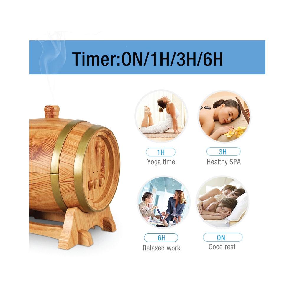 350ml Barrel Wood Ultrasonic Aroma Diffuser with LED lights and mist function, designed for aromatherapy and home decor.