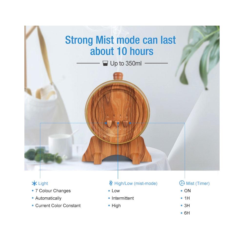 350ml Barrel Wood Ultrasonic Aroma Diffuser with LED lights and mist function, designed for aromatherapy and home decor.