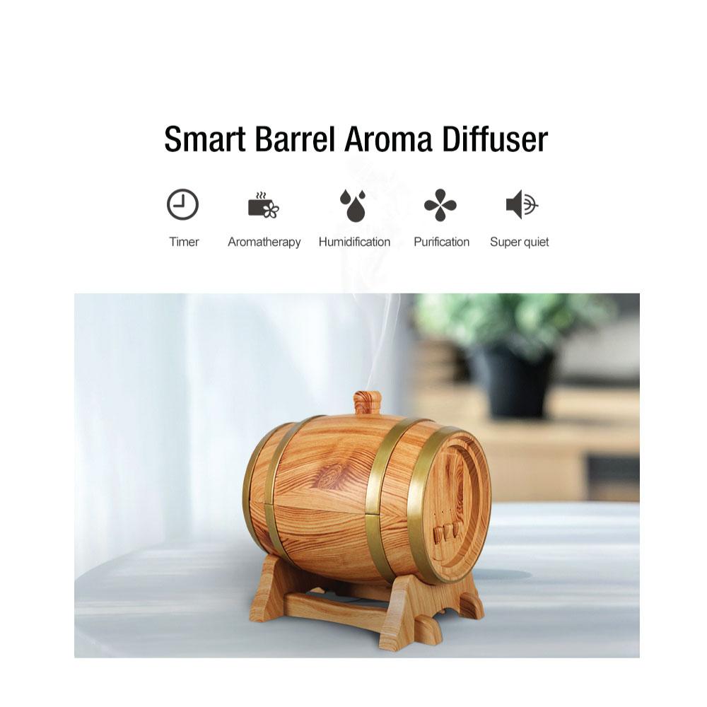 350ml Barrel Wood Ultrasonic Aroma Diffuser with LED lights and mist function, designed for aromatherapy and home decor.