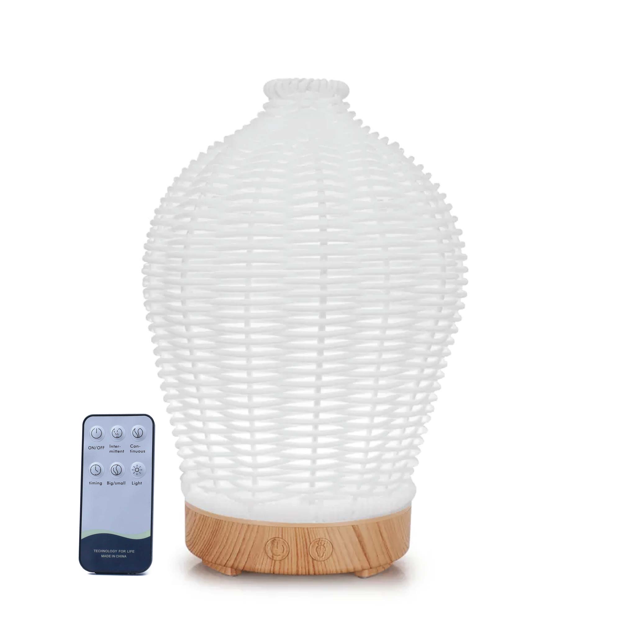 Essential Oil Aroma Diffuser with remote control, featuring a woven wicker rattan design and LED lights.