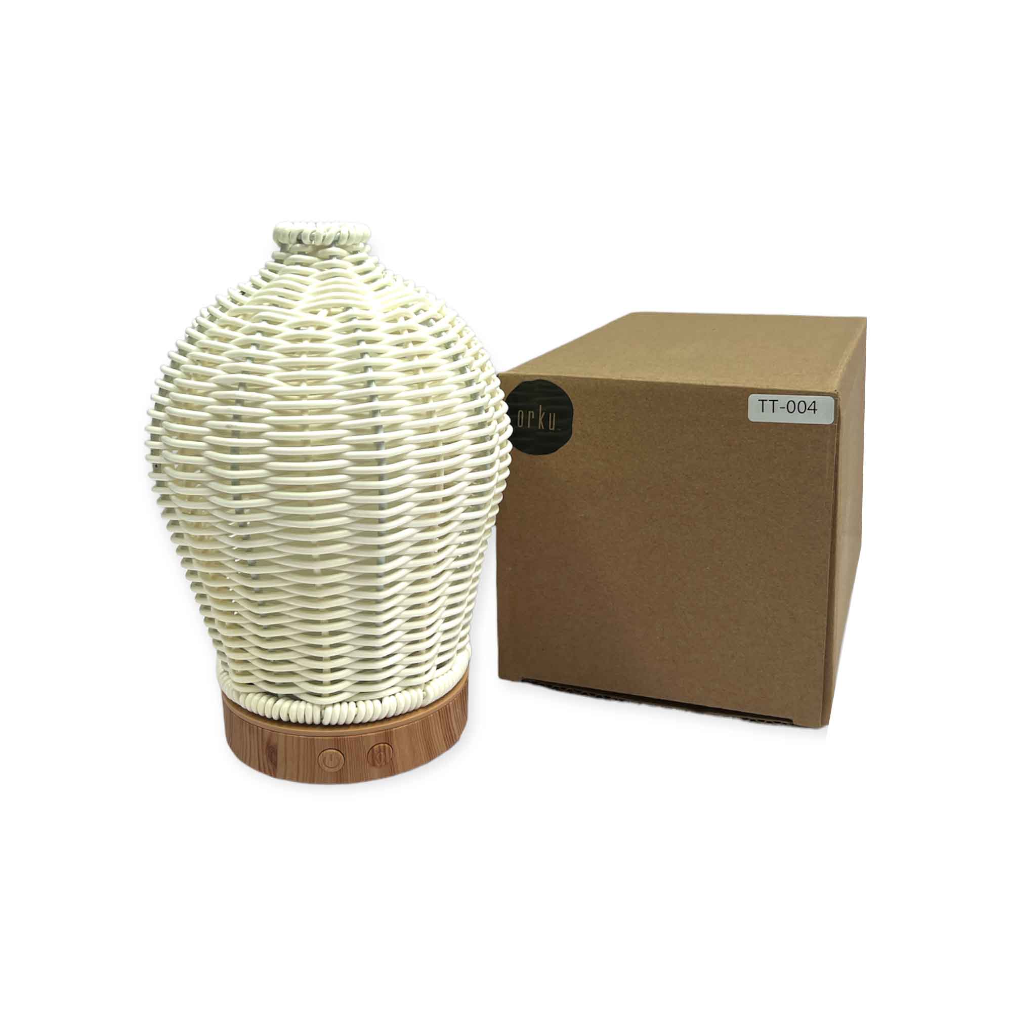 Essential Oil Aroma Diffuser with remote control, featuring a woven wicker rattan design and LED lights.