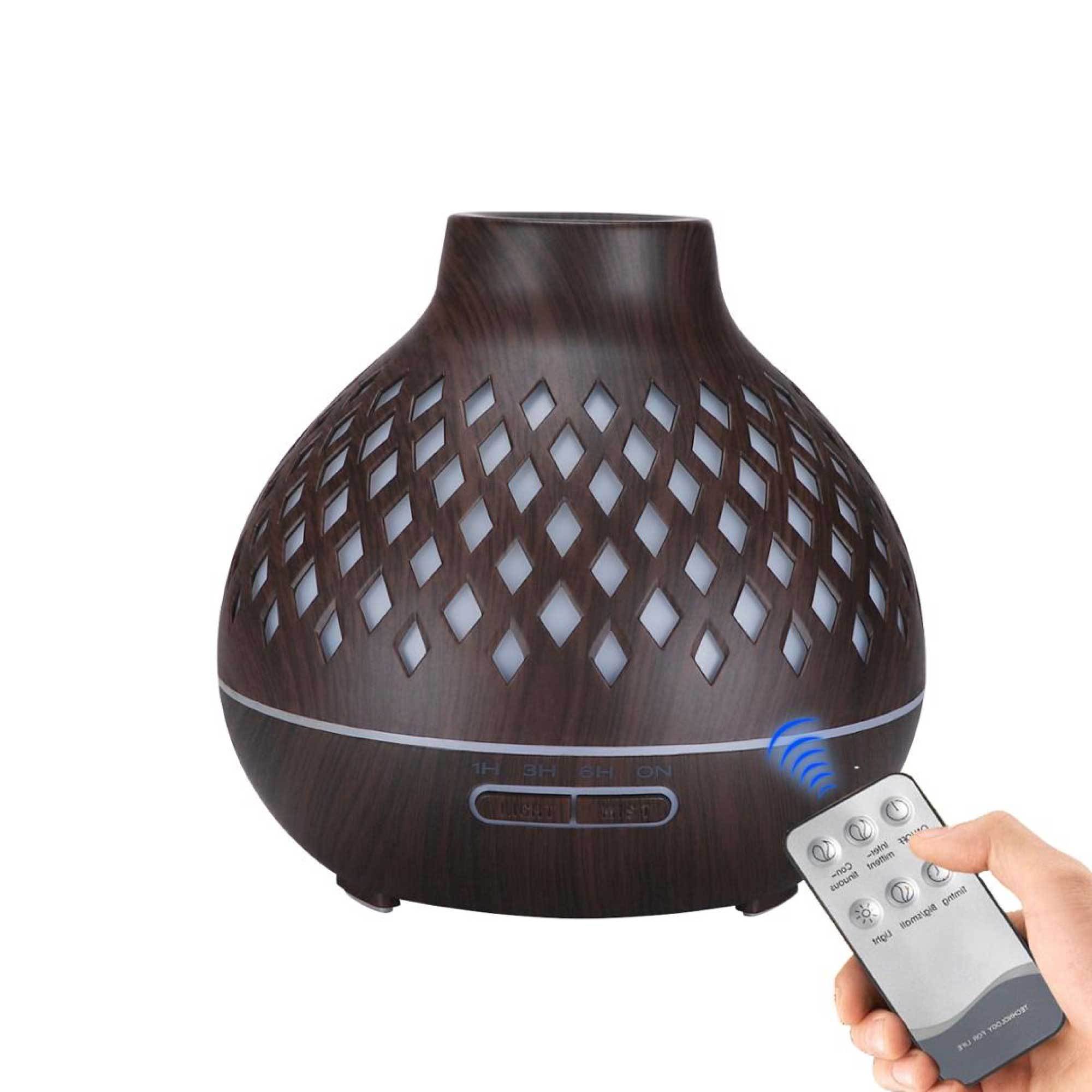 400ml Essential Oil Aroma Diffuser with remote control, featuring a hollowed wood design and color-changing LED lights.