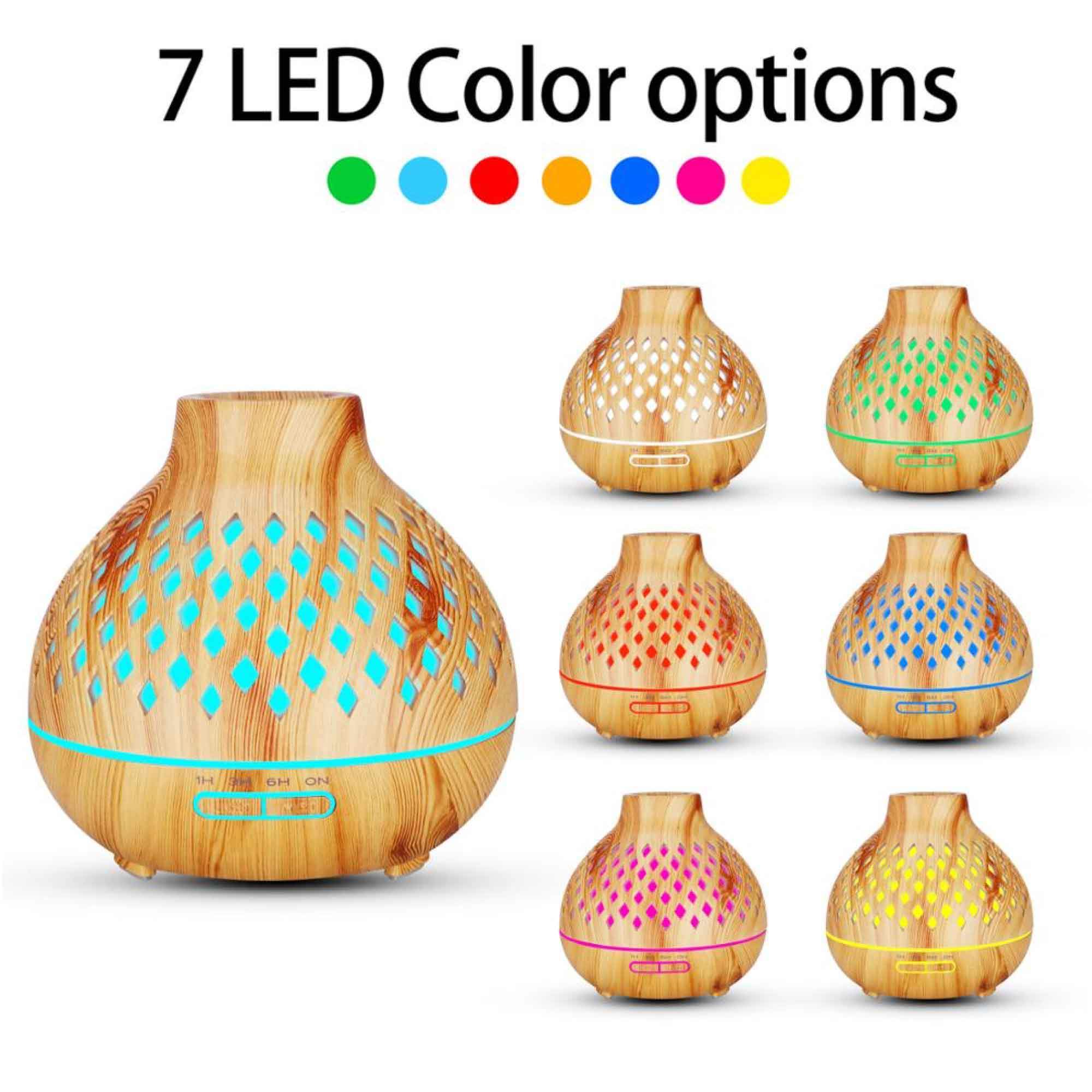 400ml Essential Oil Aroma Diffuser with remote control, featuring a hollowed wood design and color-changing LED lights.