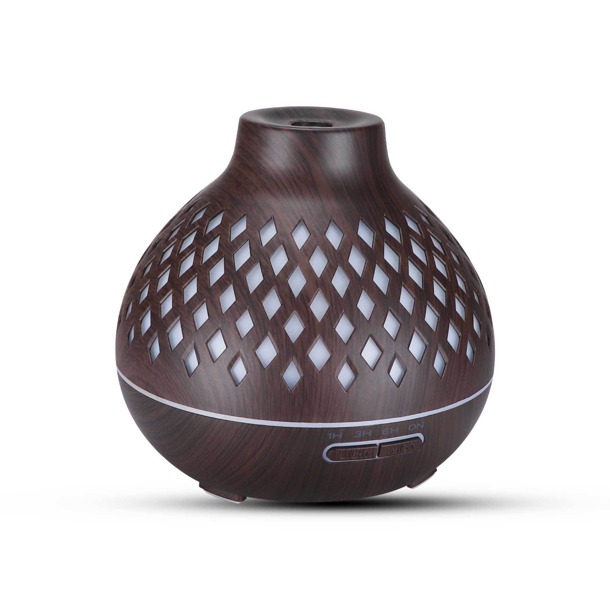 400ml Essential Oil Aroma Diffuser with remote control, featuring a hollowed wood design and color-changing LED lights.