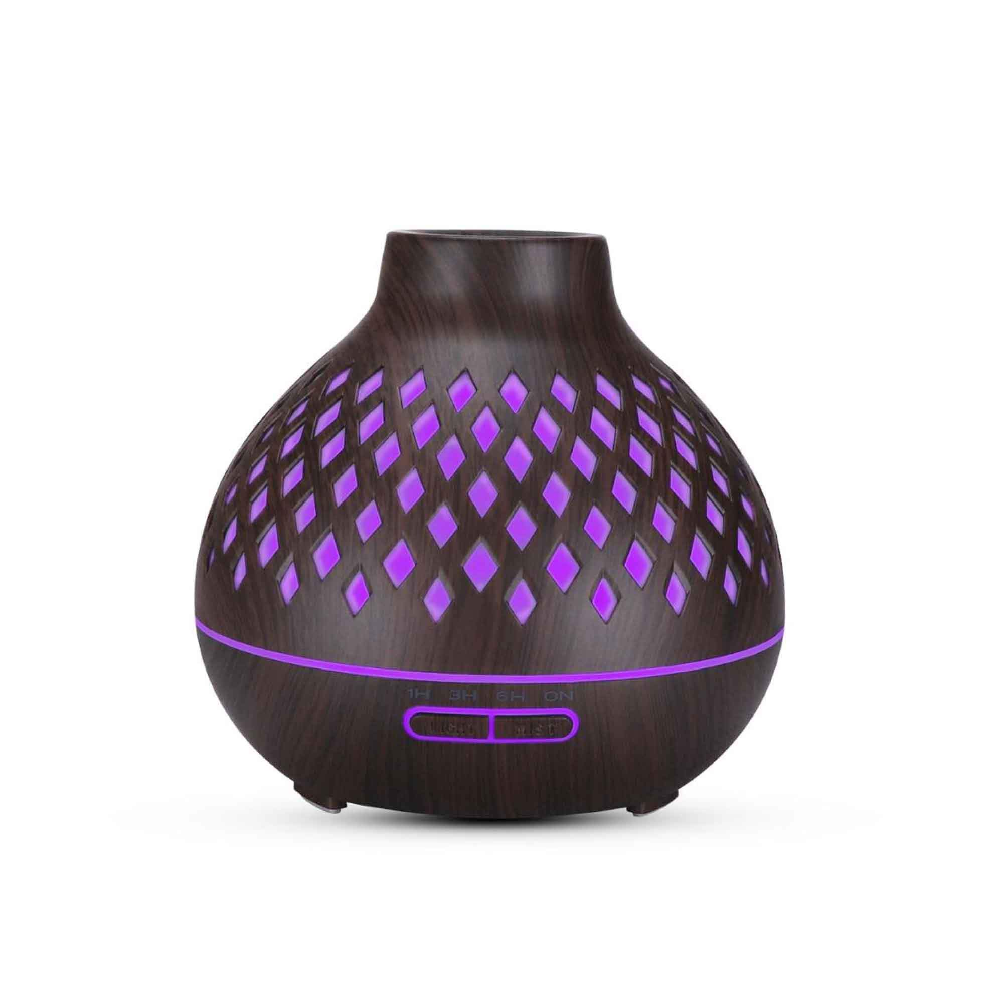 400ml Essential Oil Aroma Diffuser with remote control, featuring a hollowed wood design and color-changing LED lights.