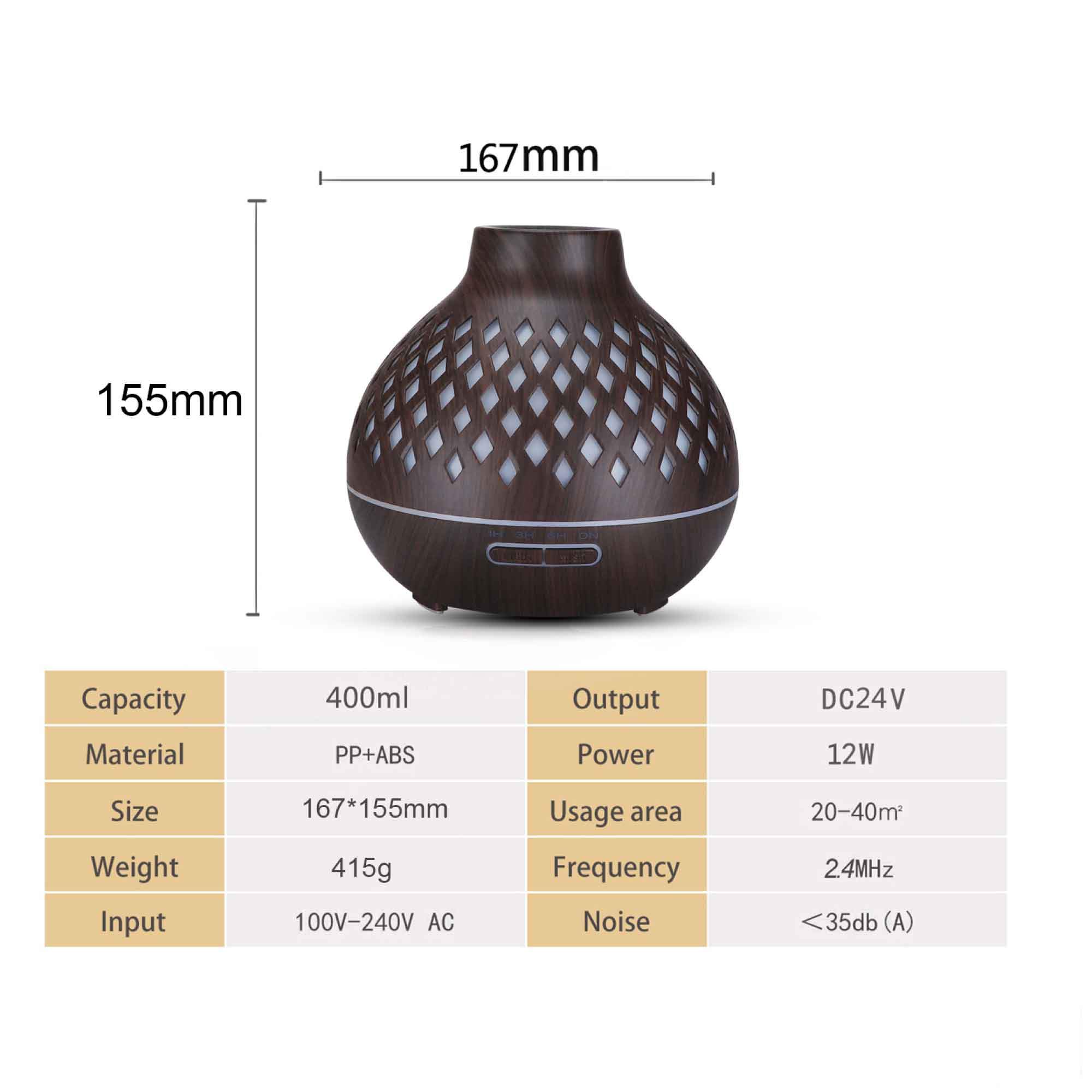 400ml Essential Oil Aroma Diffuser with remote control, featuring a hollowed wood design and color-changing LED lights.