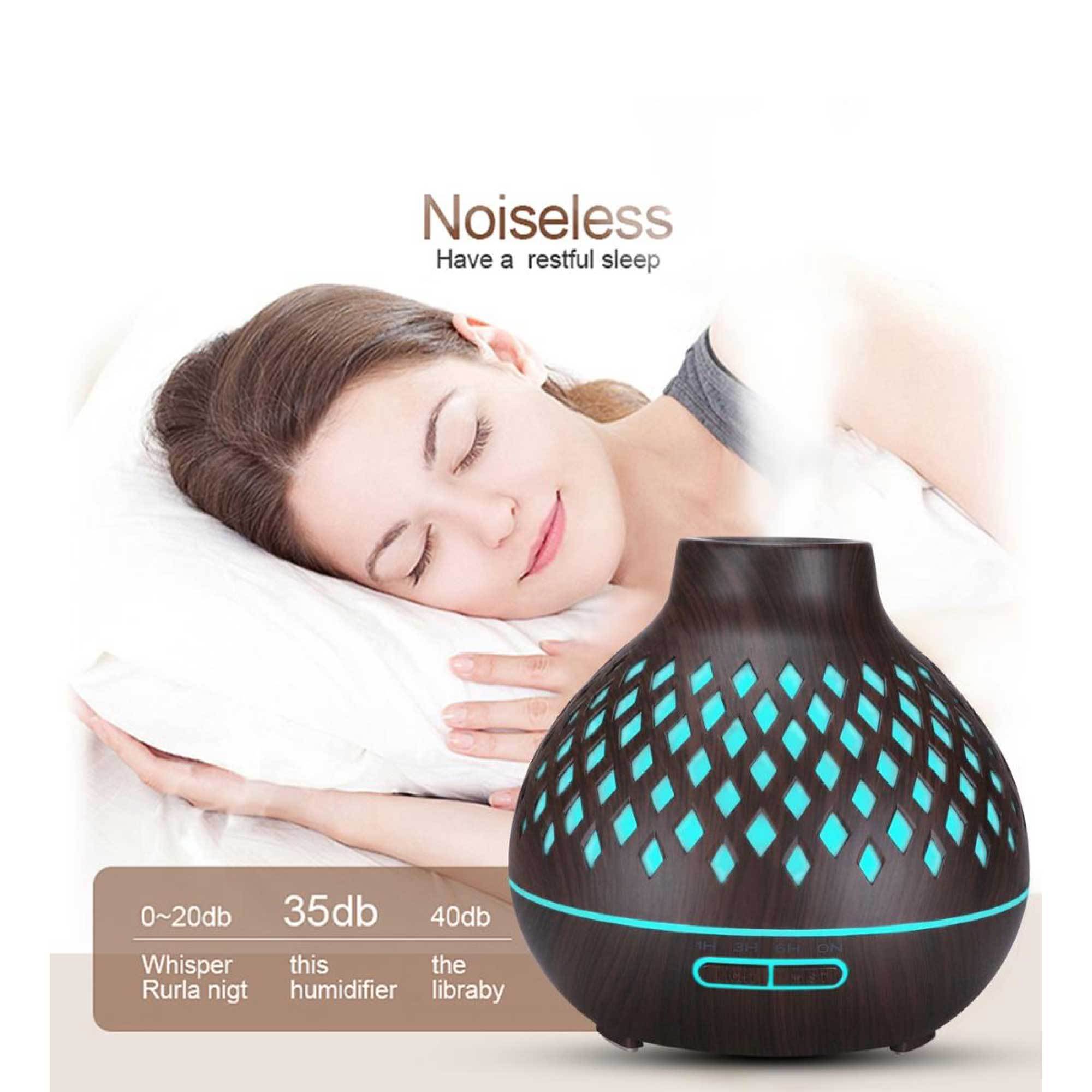 400ml Essential Oil Aroma Diffuser with remote control, featuring a hollowed wood design and color-changing LED lights.