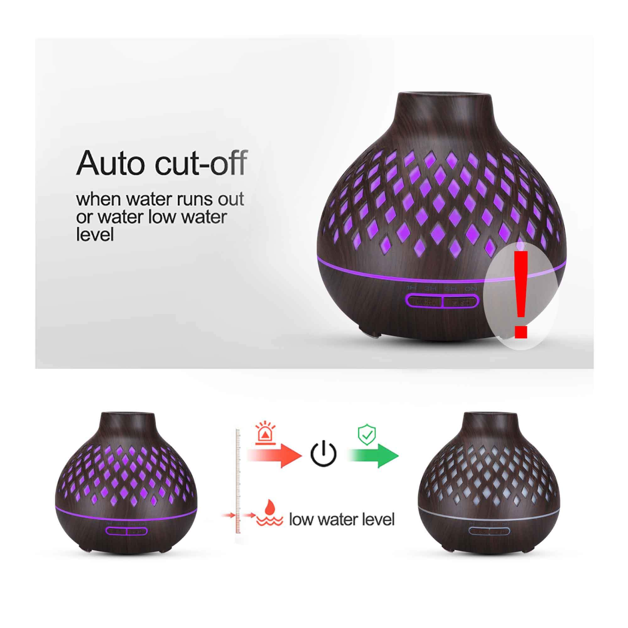 400ml Essential Oil Aroma Diffuser with remote control, featuring a hollowed wood design and color-changing LED lights.