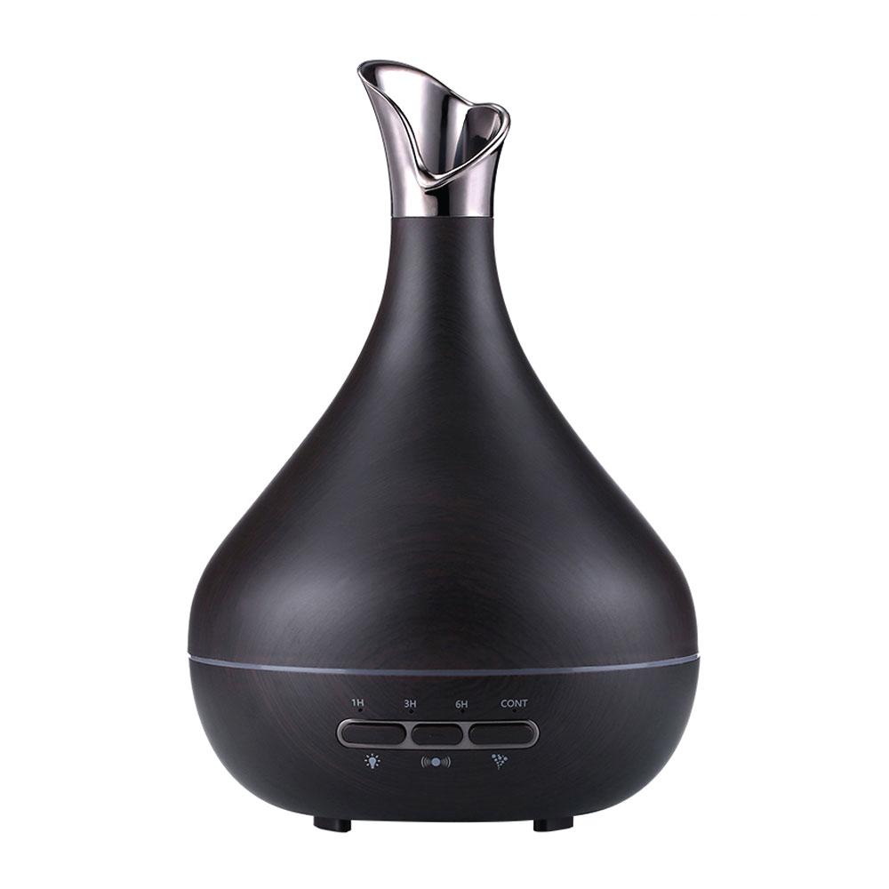 Essential Oil Aroma Diffuser in dark wood grain tulip design, showcasing its elegant shape and remote control feature.