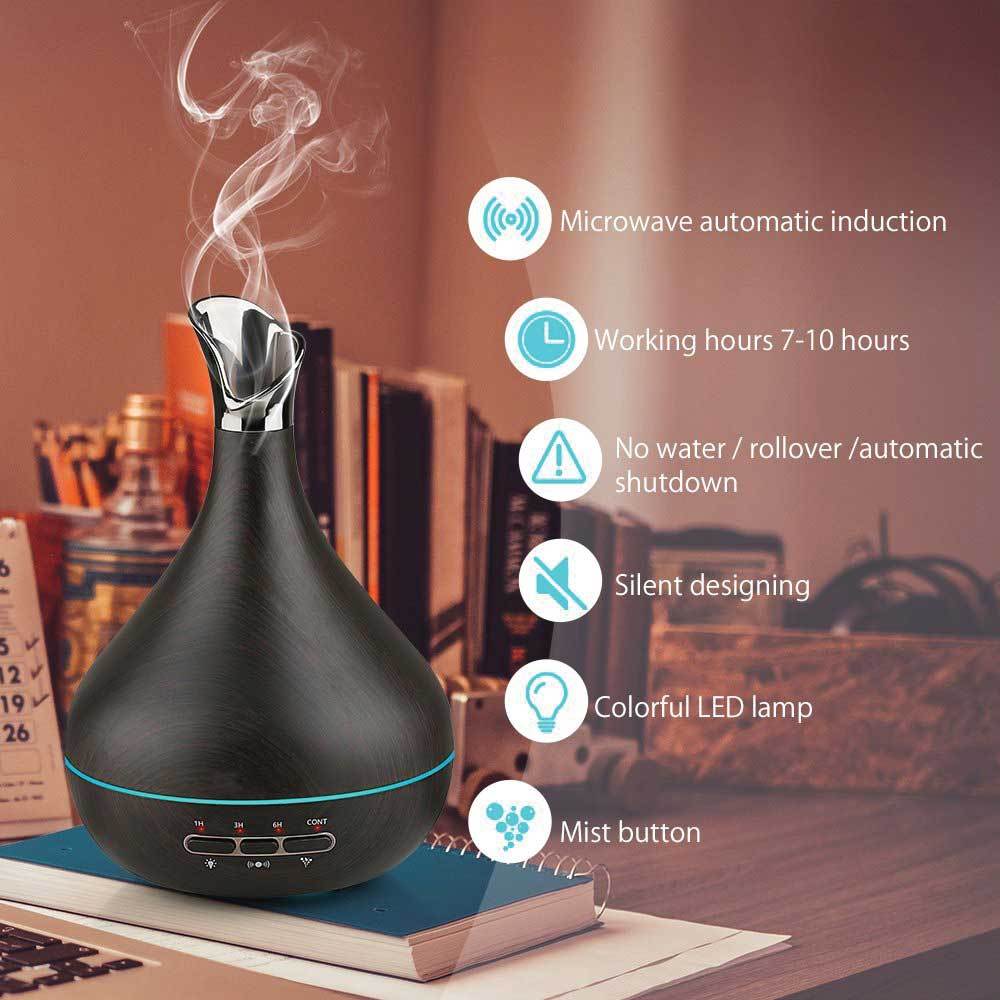 Essential Oil Aroma Diffuser in dark wood grain tulip design, showcasing its elegant shape and remote control feature.