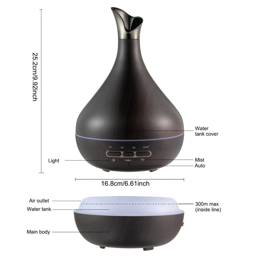 Essential Oil Aroma Diffuser in dark wood grain tulip design, showcasing its elegant shape and remote control feature.