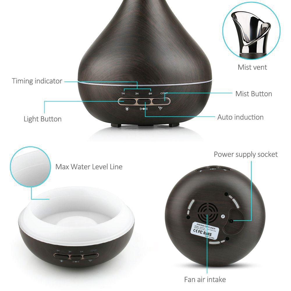 Essential Oil Aroma Diffuser in dark wood grain tulip design, showcasing its elegant shape and remote control feature.