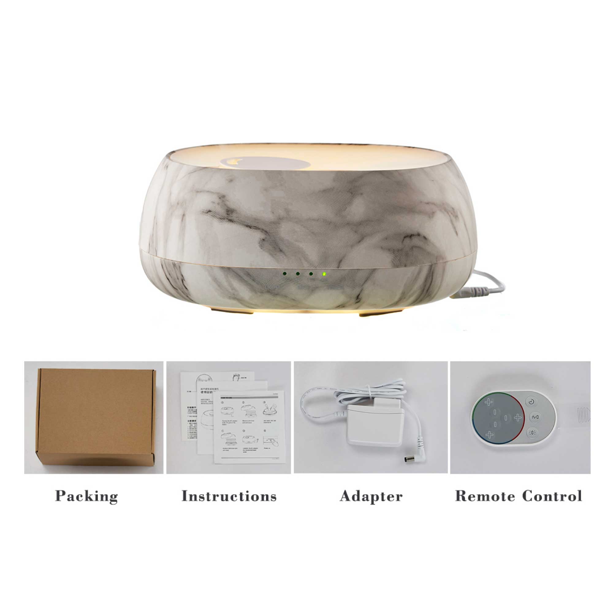 500ml Marble Aroma Diffuser with remote control, featuring a sleek white and grey marble design, perfect for aromatherapy.