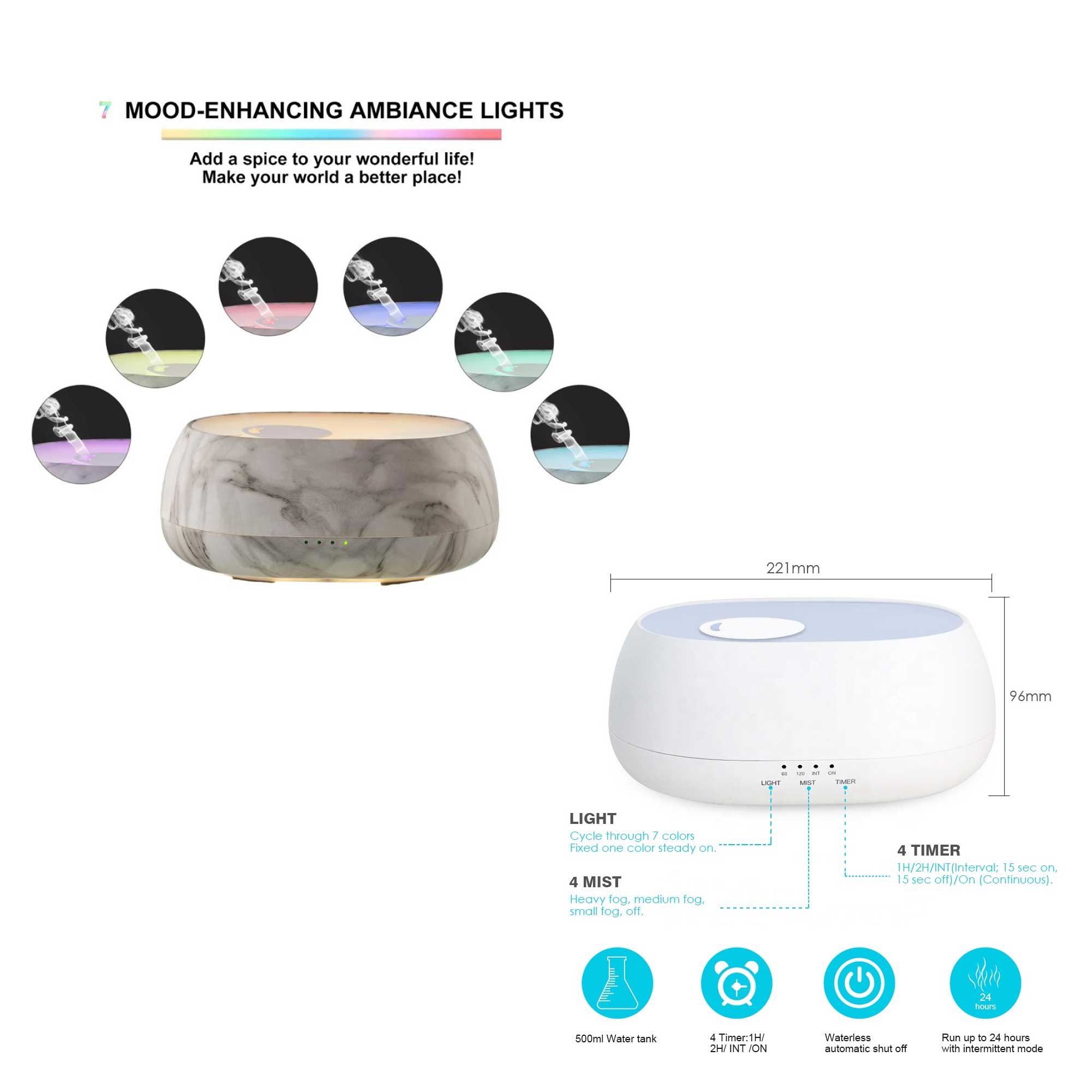 500ml Marble Aroma Diffuser with remote control, featuring a sleek white and grey marble design, perfect for aromatherapy.