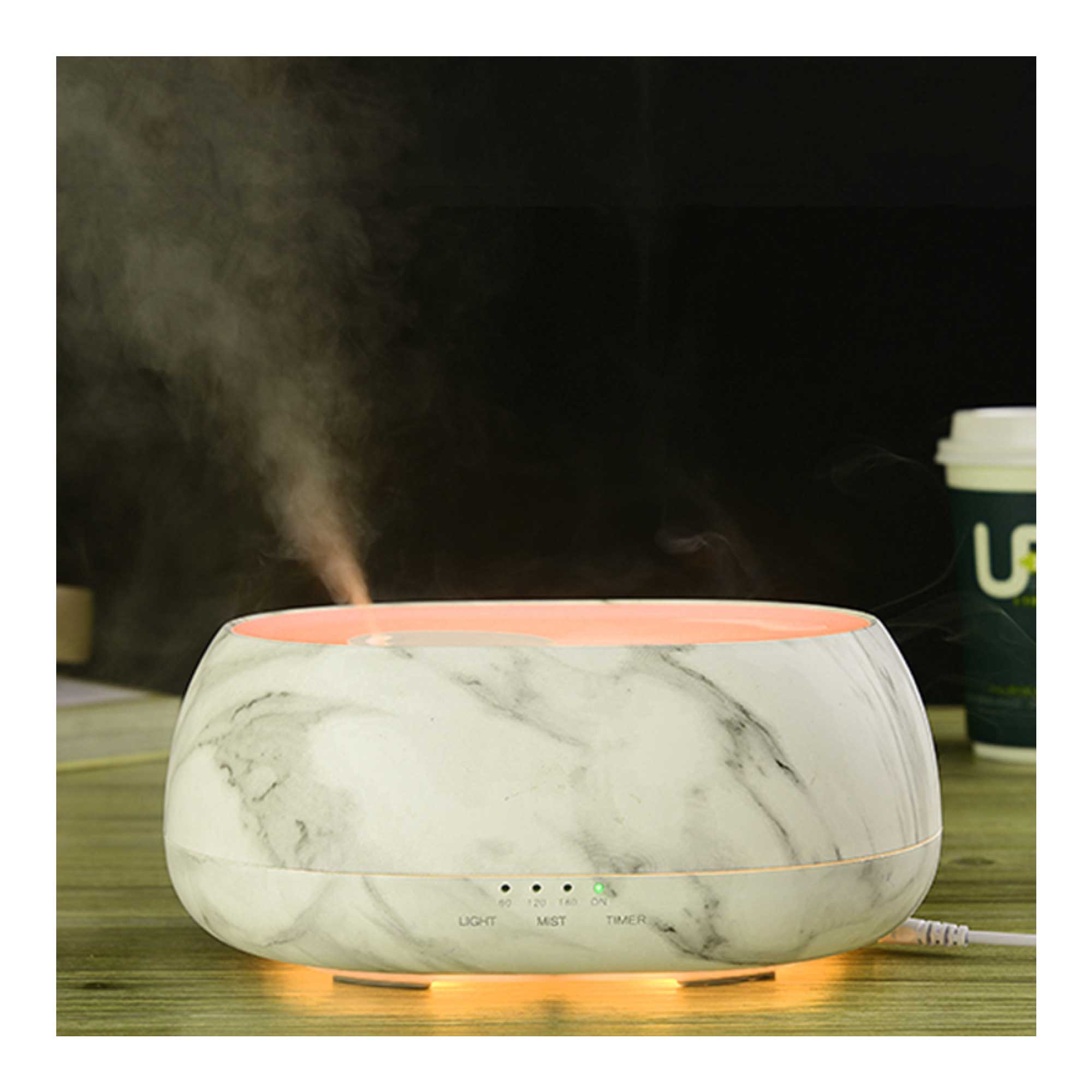 500ml Marble Aroma Diffuser with remote control, featuring a sleek white and grey marble design, perfect for aromatherapy.