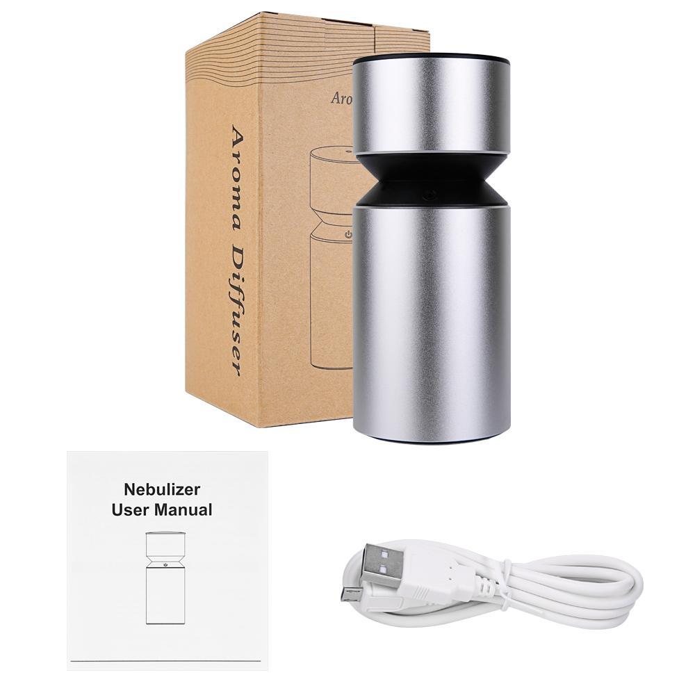 Essential Oil Car Diffuser USB Rechargeable in silver, showcasing its sleek design and portable features for aromatherapy.