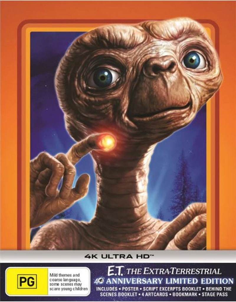 E.T. The Extra Terrestrial 40th Anniversary Limited Edition UHD cover featuring E.T. and Elliott in a nostalgic design.